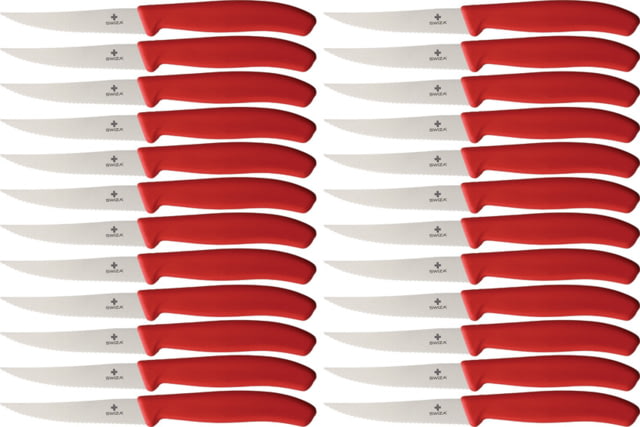 Swiza Steak Knife Box of 24 4" satin finish serrated stainless blade Red plastic handle - Swiza