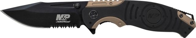 Smith & Wesson M&P Liner Lock Folding Knife 3.375 in 8Cr13MoV Stainless Steel Partially Serrated Black Blade Aluminum Rubber Black/Tan Handle