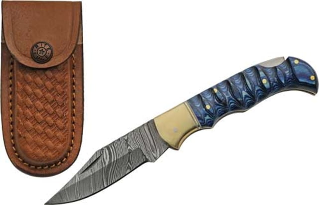 Rite Edge Damascus Lockback w/Sheath Fixed Blade Knife 3in Damascus Blue Wood - Rite Edge