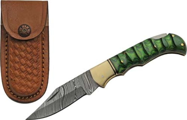 Rite Edge Green Grooved Wood Damascus Folding Knife 3in Damascus Blade Green Grooved Wood Handle - Rite Edge