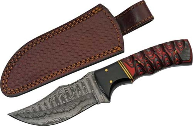 Rite Edge Buffalo Horn/Twisted w/Sheath Fixed Blade Knife 4in Damascus Red/Black Wood - Rite Edge