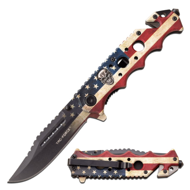 TAC Force Clip Point Spring Assisted Knife w/Cutter and Glass Breaker 3.5 in 3Cr13 Stainless Steel Stainless Steel Satin Flag - Tac Force