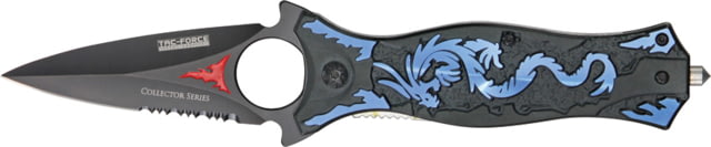Tac Force Dragon Linerlock Fold Knife black coated HC SS dagger style blade Blue dragon cutout - Tac Force