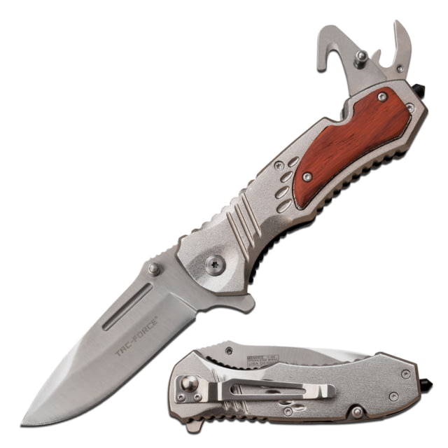 TAC Force Drop Point Spring Assisted Knife w/Can Opener and Cutter 3.25 in 3Cr13 Stainless Steel Stainless Steel Silver/Brown - Tac Force