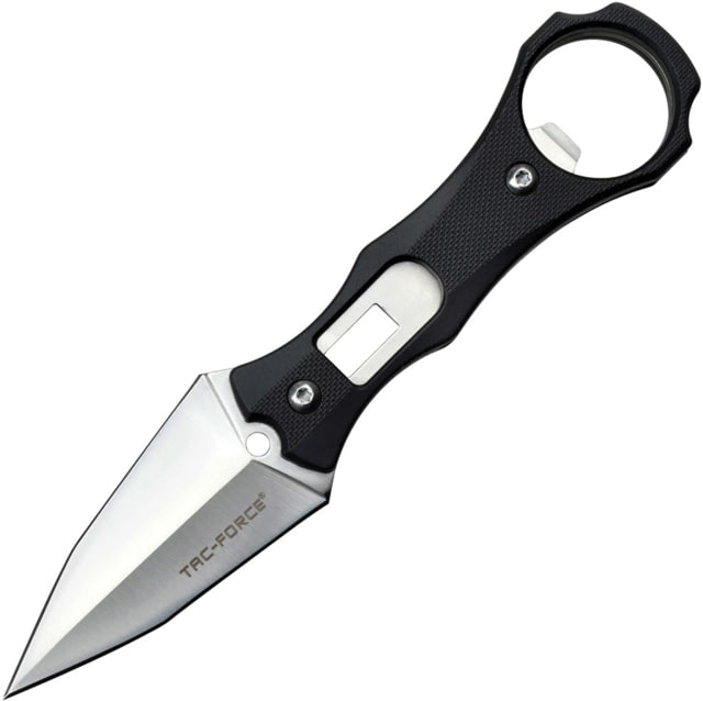 TAC Force Black 2.5in Fixed Blade Knife 6.5in Overall 2.5in Satin Double Edge SS Spear Point Blade Black Nylon Handle Plastic Sheath - Tac Force