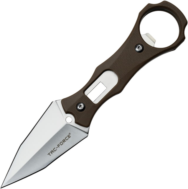 TAC Force Brown 2.5in Fixed Blade Knife 6.5in Overall 2.5in Satin Double Edge SS Spear Point Blade Brown Nylon Handle Plastic Sheath - Tac Force