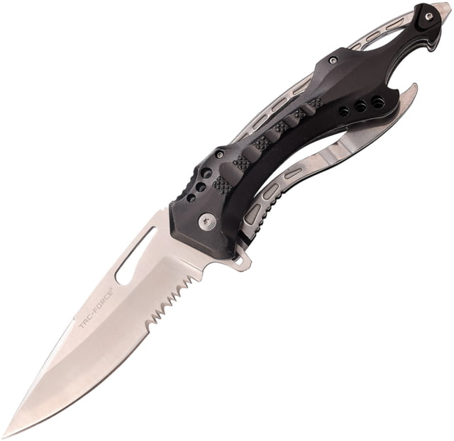 TAC Force Linerlock A/O Black Folding Knife 5.25" satin finish partially serrated stainless bl Black aluminum handle - Tac Force Knives
