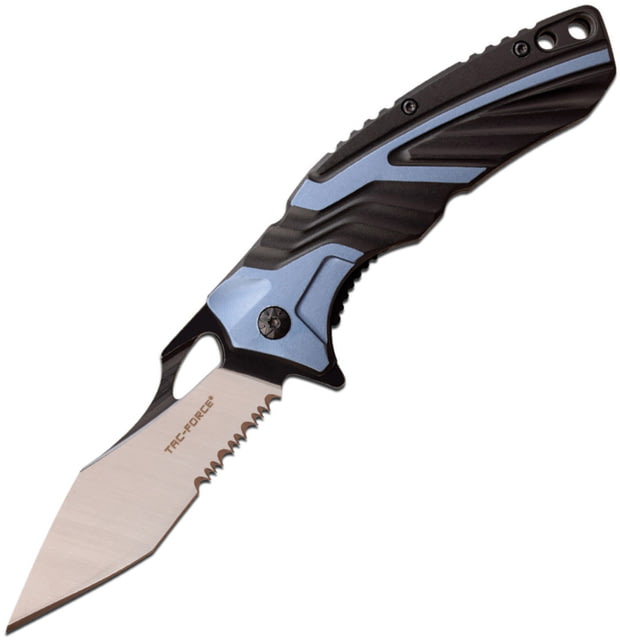 TAC Force Linerlock A/O Blue/Black Folding Knife 3.5" two-tone finish partially serrated 3Cr13 stai Black and blue aluminum handle - Tac Force