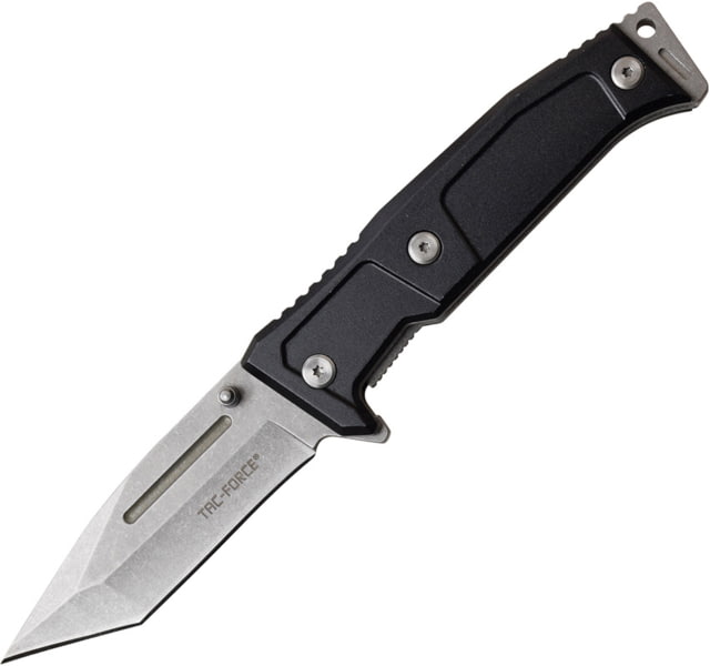 TAC Force Linerlock A/O Folding Knife 5in Closed 3.63in Stonewash 3Cr13 SS Tanto Blade Black Anodized Aluminum Handle Thumb Stud Pocket Clip - Tac Force