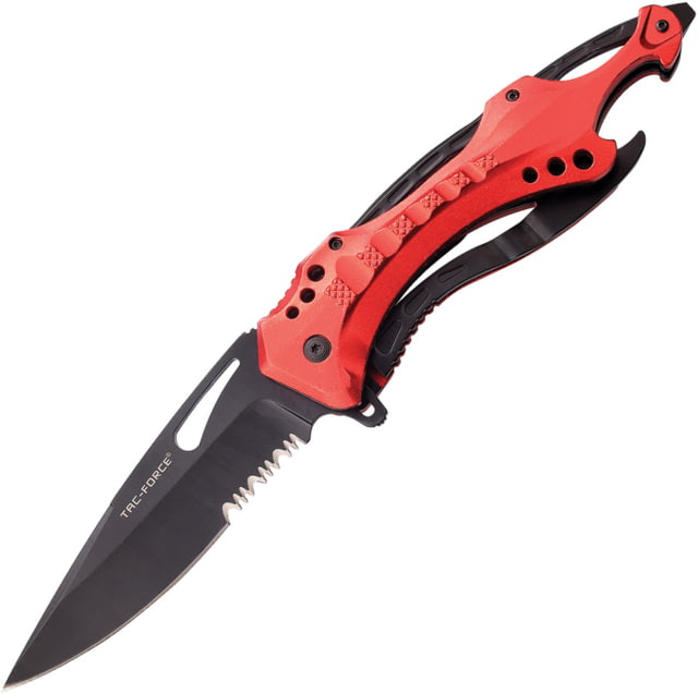 TAC Force Linerlock A/O Red Folding Knife 5.25" black finish partially serrated stainless bl Red aluminum handle