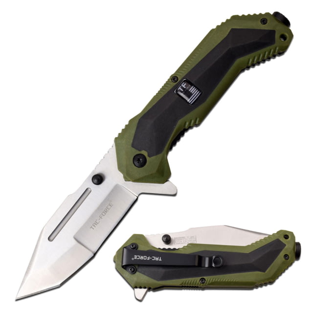 TAC Force Linerlock Green A/O Folding Knife 5in Closed 3.75in Satin 3Cr13 SS Tanto Blade Green Frn Handle With Black Rubber Onlay Thumb Stud Pocket - Tac Force