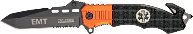 Tac Force Speed Rescue Fold Knife 5in black SS PS A/O blade Black Comp. handles w/ orange Alum. trim - Tac Force