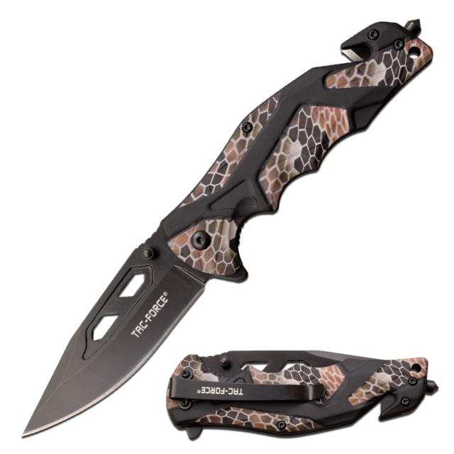 TAC Force Spring Assisted Knife w/Cutter and Glass Breaker 3.5 in 3Cr13 Stainless Steel Stainless Steel Drop Point Camo/Black - Tac Force Knives