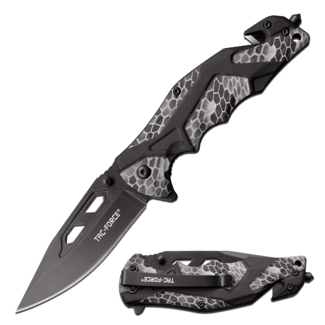 TAC Force Spring Assisted Knife w/Cutter and Glass Breaker 3.5 in 3Cr13 Stainless Steel Stainless Steel Drop Point Grey/Black - Tac Force