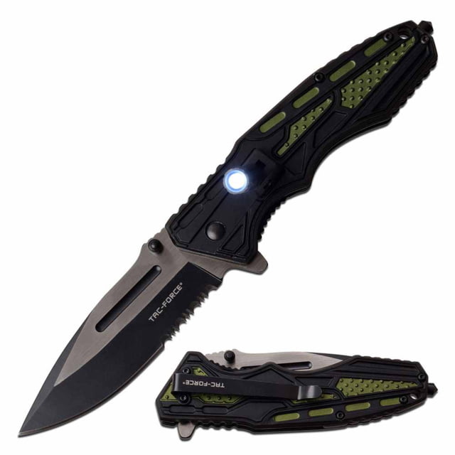 TAC Force  Spring Assisted Knife 3.5in 3CR13 Stainless Steel Spear Point Half-Serrated Black/Steel Blade Aluminum Handle Green/Black - Tac Force