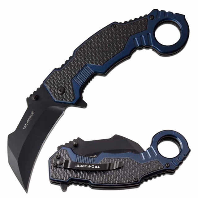 TAC Force  Spring Assisted Knife 3in 3CR13 Stainless Steel Karambit Black Blade Aluminum Handle Blue - Tac Force