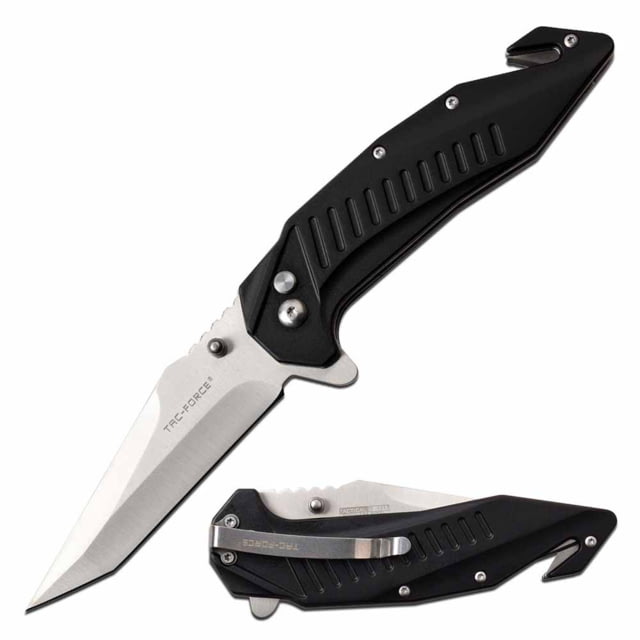 TAC Force  Spring Assisted Knife 3.6in 3CR13 Stainless Steel Modified Tanto Steel Blade Aluminum Handle Black - Tac Force
