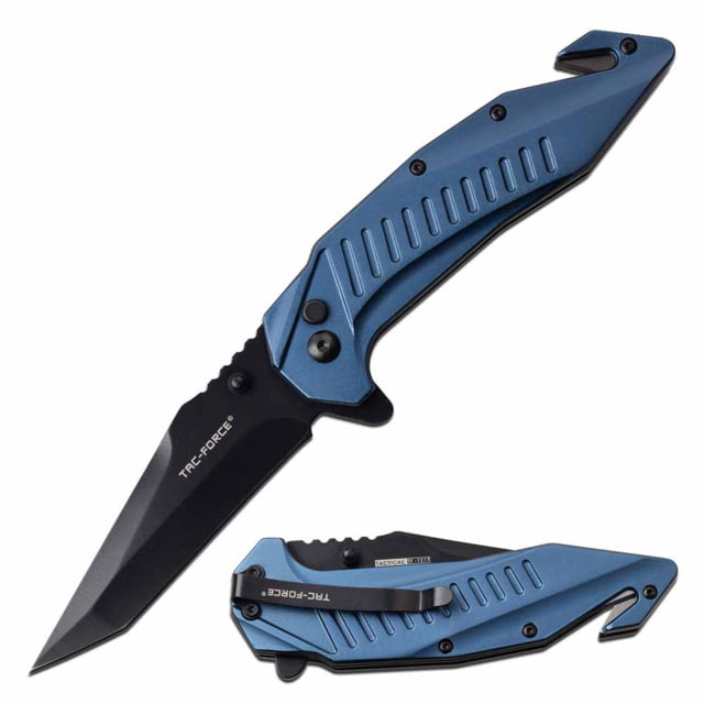 TAC Force  Spring Assisted Knife 3.6in 3CR13 Stainless Steel Modified Tanto Black Blade Aluminum Handle Blue - Tac Force