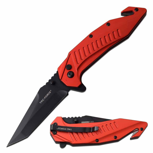 TAC Force  Spring Assisted Knife 3.6in 3CR13 Stainless Steel Modified Tanto Black Blade Aluminum Handle Red - Tac Force