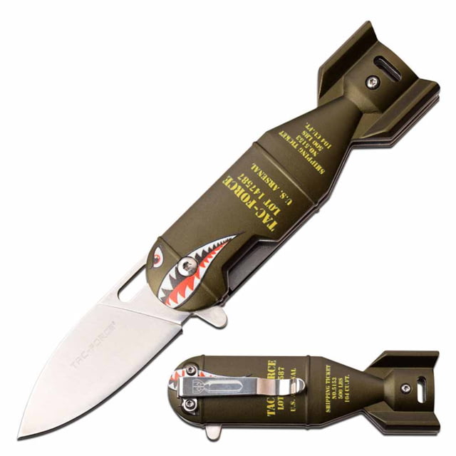 TAC Force  Spring Assisted Knife 2.25in 3CR13 Stainless Steel Pen Steel Blade Aluminum Handle Bomb Design Green - Tac Force