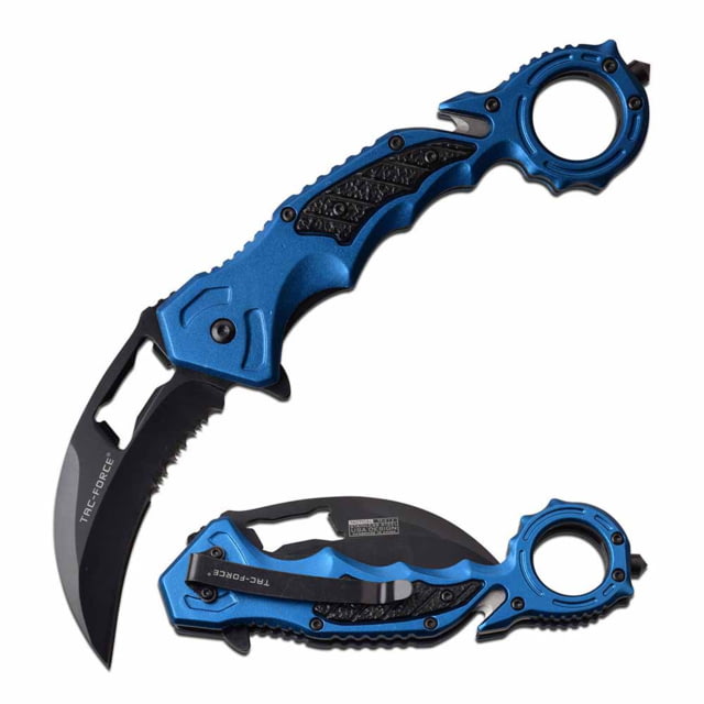 TAC Force  Spring Assisted Knife 3in 3CR13 Stainless Steel Karambit Half-Serrated Black Blade Aluminum Handle Blue - Tac Force