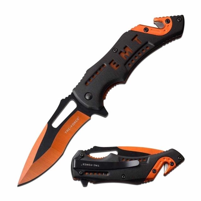 TAC Force  Spring Assisted Knife 3.5in 3CR13 Stainless Steel Recurved Orange Blade Aluminum Handle Black/Orange - Tac Force