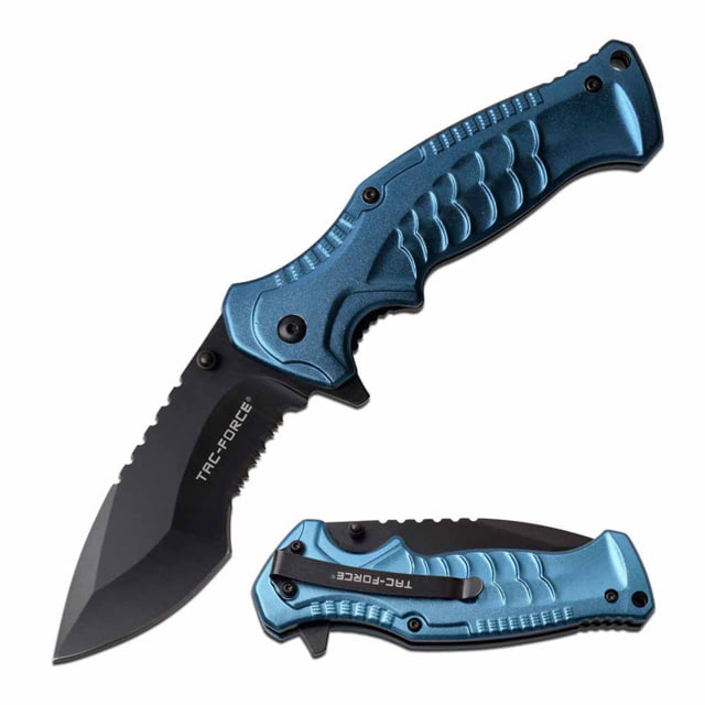 TAC Force  Spring Assisted Knife 3.5in 3CR13 Stainless Steel Recurved Half-Serrated Black Blade Aluminum Handle Blue - Tac Force