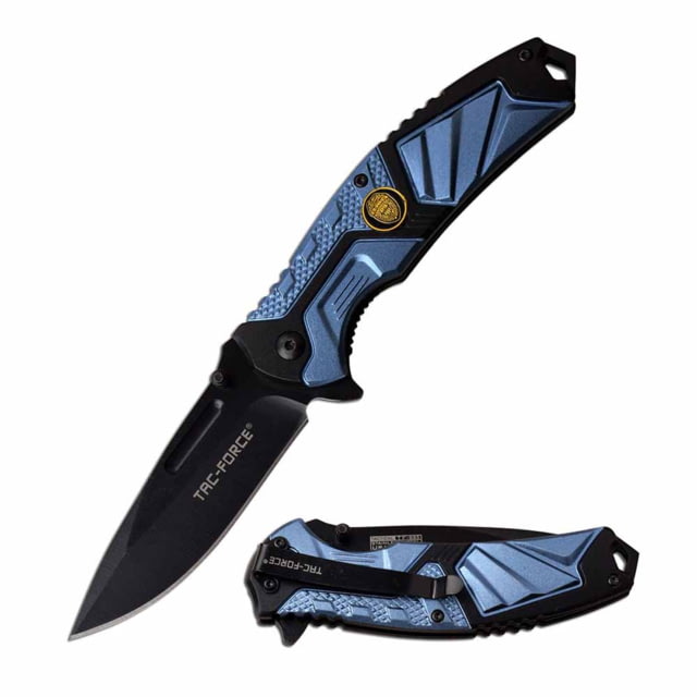 TAC Force  Spring Assisted Knife 3.5in 3CR13 Stainless Steel Spear Point Black Blade Aluminum Handle Blue/Black - Tac Force