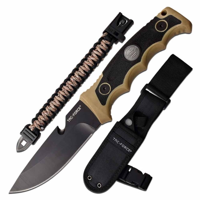 TAC Force  Fixed Blade Knife 4.5in 3CR13 Stainless Steel Drop Point Black Blade Nylon Fiber/Rubber Handle Tan - Tac Force