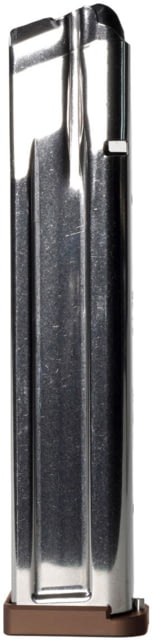 an Tactical Innovations Checkmate 170 Completed 9mm Luger Pistol Magazine W/ TTI 3mm Black Basepad Silver/Coyote Bronze Ammo