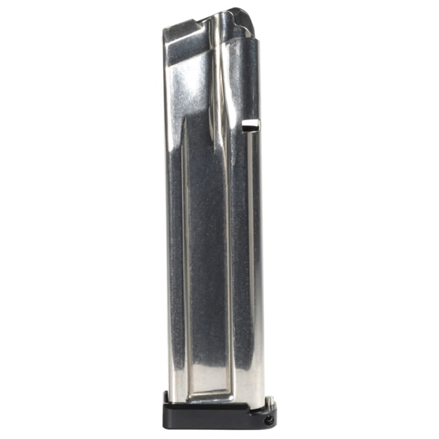 an Tactical Innovations Checkmate 140 Completed 9mm Luger Pistol Magazine W/ TTI 4mm Flat Black Basepad Silver/Flat Black Ammo