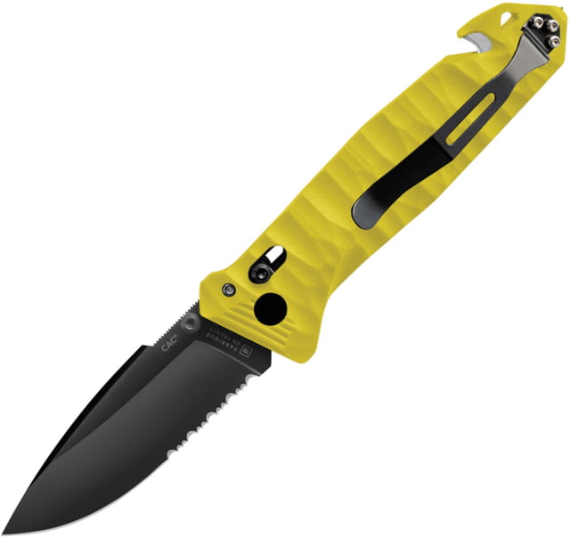 TB Outdoor C.A.C. Utility Axis Lock Folding Knife 5.5in Closed 3.75in Black Finish Partially Serrated Nitrox Steel Blade Yellow Sculpted PA6 Handle - Tb Outdoor