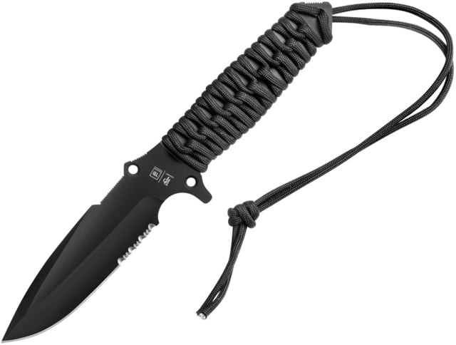 TB Outdoor Survival Fixed Blade Knife 9.75in Overall 4.5in Black PVD Partially Serrated MOX Steel Blade Black Paracord Wrapped Handle Kydex Sheath - Tb Outdoor