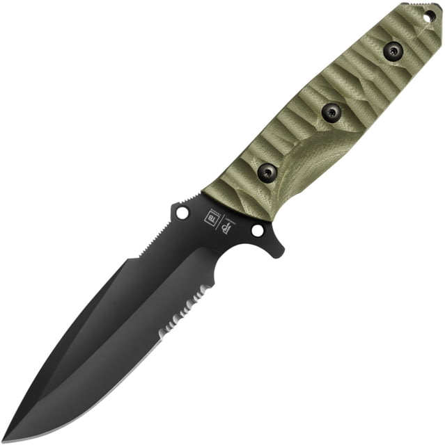 TB Outdoor Survival Fixed Blade Knife 9.75in Overall 4.5in Black PVD Partially Serrated MOX Steel Blade Green Sculpted G10 Handle Kydex Sheath - Tb Outdoor