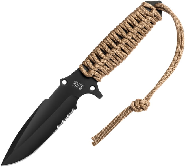TB Outdoor Survival Fixed Blade Knife 9.75in Overall 4.5in Black PVD Partially Serrated MOX Steel Blade Coyote Brown Paracord Wrapped Handle Kydex - Tb Outdoor