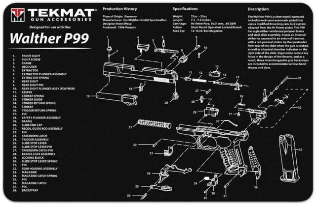 TekMat 17in Printed Gun Cleaning Mat Walther P99 Black - Tekmat