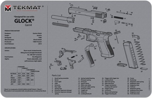 Tekmat Armorers Bench Mat 11inx17in Glock Gen4 Grey 17-GLOCKG4-GY - TekMat