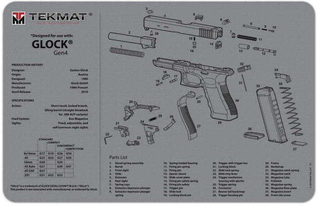 "Tekmat Armorers Bench Mat 11x17 Glock Generation 4, TEKTEKR17GLOCKG4GY" by USA TekMat Gunsmithing Shooting Bench Mats