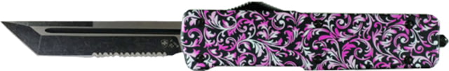 Templar Knife Premium Lightweight OTF Automatic Folding Knife 3.55in D2 Tanto Blade Serrated Black Finish Aluminum Pink Fleur Handle - Templar Knife