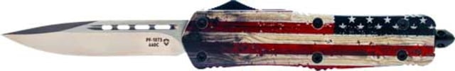 Templar Knife Wood US Flag Gen II Large OTF Automatic Folding Knife 3.5in Drop Point Blade Silver Finish US Flag Painted Wood Grain Aluminum Handle - Templar Knife