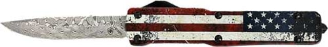 Templar Knife Slim US Flag Damascus OTF Knife 3.5in VG10 Core Damascus Steel Drop Point Blade White/Red/Blue Aluminum Handle - Templar Knife