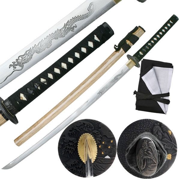 Ten Ryu Fixed Blade 40.5in 1045 Carbon Steel Blade Black Cord Wrapped With Real Ray Skin Handle - Ten Ryu