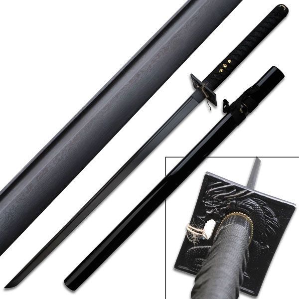 Ten Ryu Fixed Blade 41in Damascus Steel Blade Black Cord Wrapped Handle