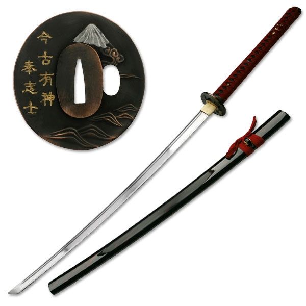 Ten Ryu Fixed Blade 43.7in Carbon Steel Blade Maroon Cotton Wrapped With Real Ray Skin Handle