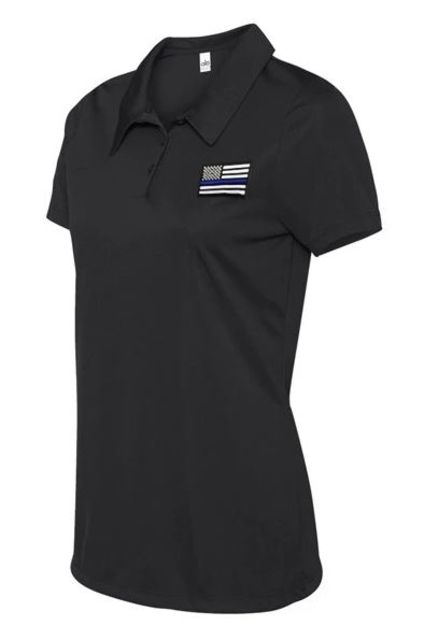 Thin Blue Line Women's Polyester Polo - Embroidered Flag Black
