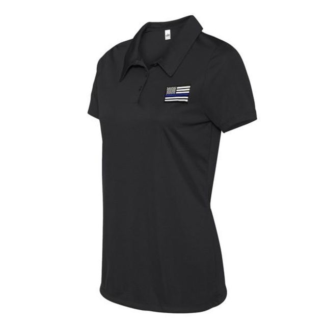Thin Blue Line Women's Polyester Polo - Embroidered Flag Black