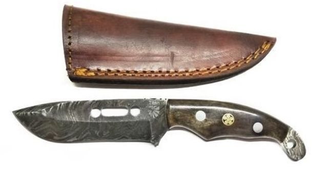 Titan International Knives Damascus Hunting - Utility Knife 4.3in Blade Dyed Bone Handle 7.4in - Titan International Knives