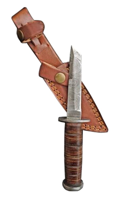 Titan International Knives  Military Style Fixed Blade Knives 4in High Carbon Damascus Steel Tanto Titan Stacked Leather Handle - Titan International Knives