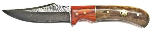 Titan International Knives Damascus Steel Skinner Knife Pekka Wood and Dyed Bone Handle 3.3in Blade 6.5in - Titan International Knives