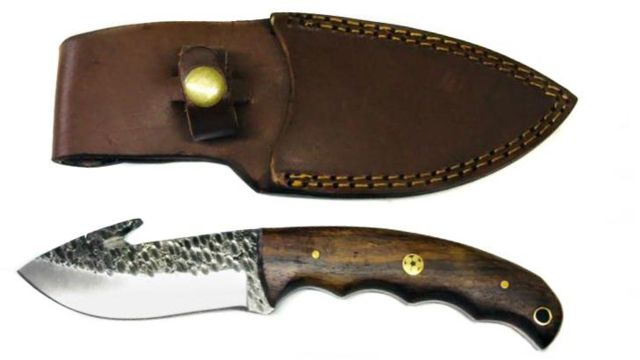 Titan International Knives Hand Forged Custom Carbon Blade - Gut Hook Skinner 4in Blade Rose Wood Handle 9in Overall - Titan International Knives